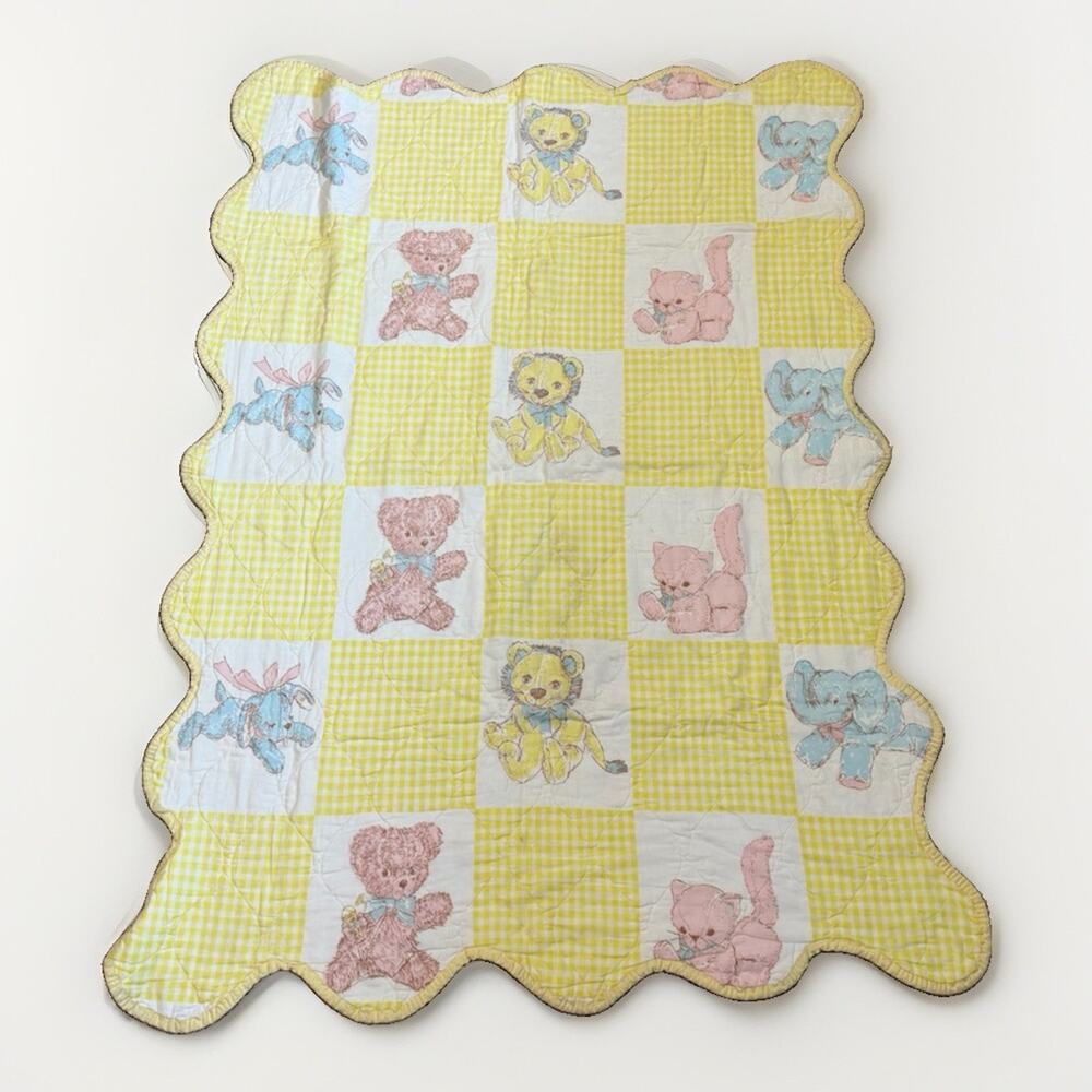 Vintage Baby Quilt Coverlet 33x42 Teddy Bear Bunny Gingham Nursery Handmade